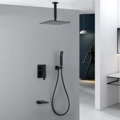 Aurora Decor ACA Single-Handle 1 Spray Square High Pressure Shower Faucet with handle tub faucet in matte black (Valve Included) -Bathroom Faucets Store black aurora decor shower faucets ad 88017b 12 c3 1000