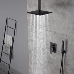 CASAINC 1-Spray Patterns with 10 in. Ceiling Mount Dual Shower Heads with Hand Shower Faucet, in Black (Valve Included) -Bathroom Faucets Store black casainc dual shower heads m6066 b 10 mb 31 1000