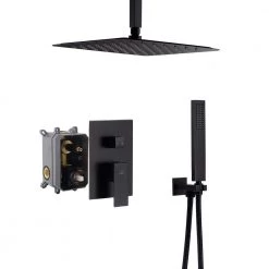 CASAINC 1-Spray Patterns with 10 in. Ceiling Mount Dual Shower Heads with Hand Shower Faucet, in Black (Valve Included)