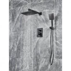 ELLO&ALLO 2-Handle 2- -Spray of Rain Shower Faucet and HandShower Combo Kit with Rectangle Shower Head in Black (Valve Included) -Bathroom Faucets Store black ello allo shower faucets es b p160 31 1000