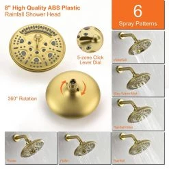 Aurora Decor Amo Single-Handle 15-Spray Shower Faucet with 8in Shower head in Brushed Gold (Valve Included) -Bathroom Faucets Store brushed aurora decor shower faucets dsmdhd2a88044bg 1f 1000
