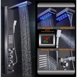 ELLO&ALLO 53 in. 10-Jet Shower Panel System in Brushed Black with LED Rainfall Waterfall Shower Head Hand shower and Tub Spout -Bathroom Faucets Store brushed black ello allo shower towers 8035 f4 04 14 02 s04 c3 1000