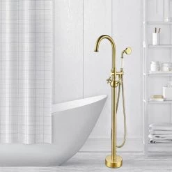 Vanity Art 48 in. H x 12 in. W Single Handle Claw Foot Tub Faucet with Hand Shower in Brushed Brass -Bathroom Faucets Store brushed brass vanity art claw foot tub faucets h02029bb 44 1000