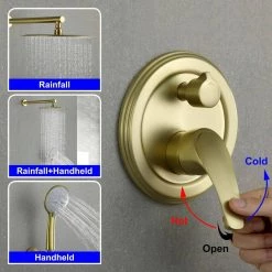 Aurora Decor ACA Single-Handle 5 of Spray Settings Round High Pressure Shower Faucet in Brushed Gold (Valve Included) -Bathroom Faucets Store brushed gold aurora decor shower faucets ad 88040bg 10 4f 1000