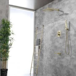 Boyel Living Wall Mount Single-Handle 1-Spray Tub and Shower Faucet with 10 in. Fixed Shower Head in Brushed Gold (Valve Included) -Bathroom Faucets Store brushed gold boyel living bathtub shower faucet combos smd 88016bg 10 77 1000