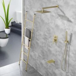 Boyel Living Wall Mount Single-Handle 1-Spray Tub and Shower Faucet with 10 in. Fixed Shower Head in Brushed Gold (Valve Included) -Bathroom Faucets Store brushed gold boyel living bathtub shower faucet combos smd 88016bg 10 a0 1000