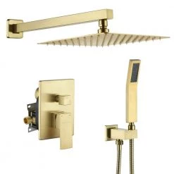 Boyel Living Shower System Wall Mounted with 10 in. Square Rainfall Shower head and Handheld Shower Head Set, Brushed Gold