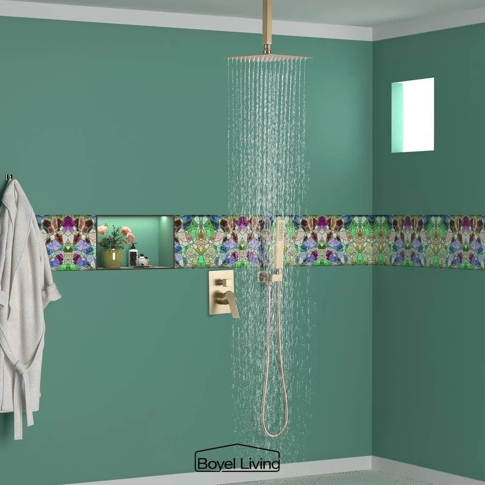 Boyel Living 1-Spray Patterns with 2.66 GPM 10 in. Ceiling Mount Dual Shower Heads with Rough-In Valve Body and Trim in Brushed Gold 3 Boyel Living 1-Spray Patterns with 2.66 GPM 10 in. Ceiling Mount Dual Shower Heads with Rough-In Valve Body and Trim in Brushed Gold - Image 3