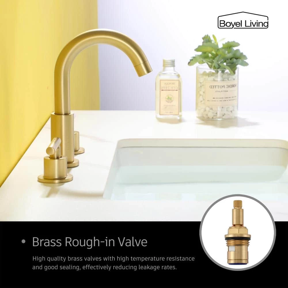 Boyel Living 8 in. Widespread 2-Handle Mid-Arc Bathroom Faucet with Valve and cUPC Water Supply Lines in Brushed Gold 10 Boyel Living 8 in. Widespread 2-Handle Mid-Arc Bathroom Faucet with Valve and cUPC Water Supply Lines in Brushed Gold - Image 10