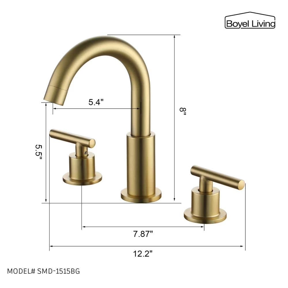 Boyel Living 8 in. Widespread 2-Handle Mid-Arc Bathroom Faucet with Valve and cUPC Water Supply Lines in Brushed Gold 3 Boyel Living 8 in. Widespread 2-Handle Mid-Arc Bathroom Faucet with Valve and cUPC Water Supply Lines in Brushed Gold - Image 3