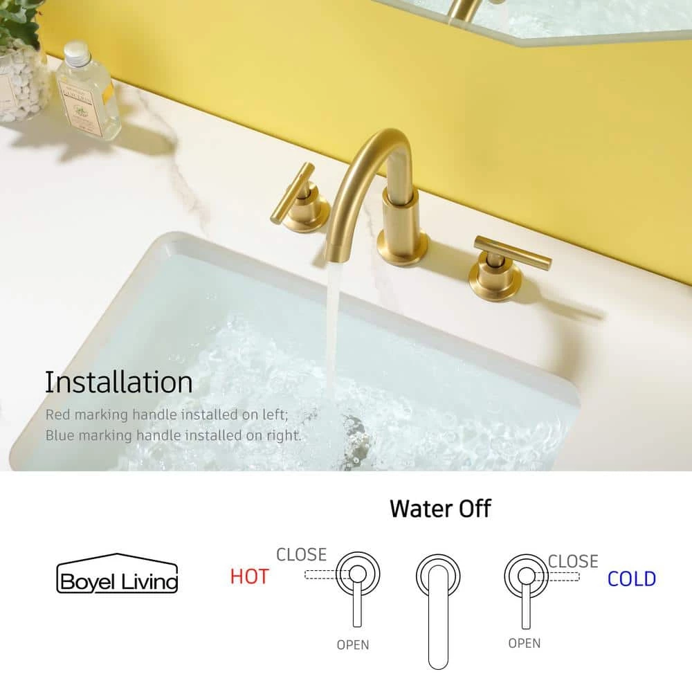 Boyel Living 8 in. Widespread 2-Handle Mid-Arc Bathroom Faucet with Valve and cUPC Water Supply Lines in Brushed Gold 7 Boyel Living 8 in. Widespread 2-Handle Mid-Arc Bathroom Faucet with Valve and cUPC Water Supply Lines in Brushed Gold - Image 7