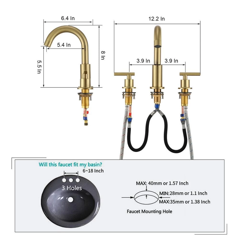 Boyel Living 8 in. Widespread 2-Handle Mid-Arc Bathroom Faucet with Valve and cUPC Water Supply Lines in Brushed Gold 4 Boyel Living 8 in. Widespread 2-Handle Mid-Arc Bathroom Faucet with Valve and cUPC Water Supply Lines in Brushed Gold - Image 4