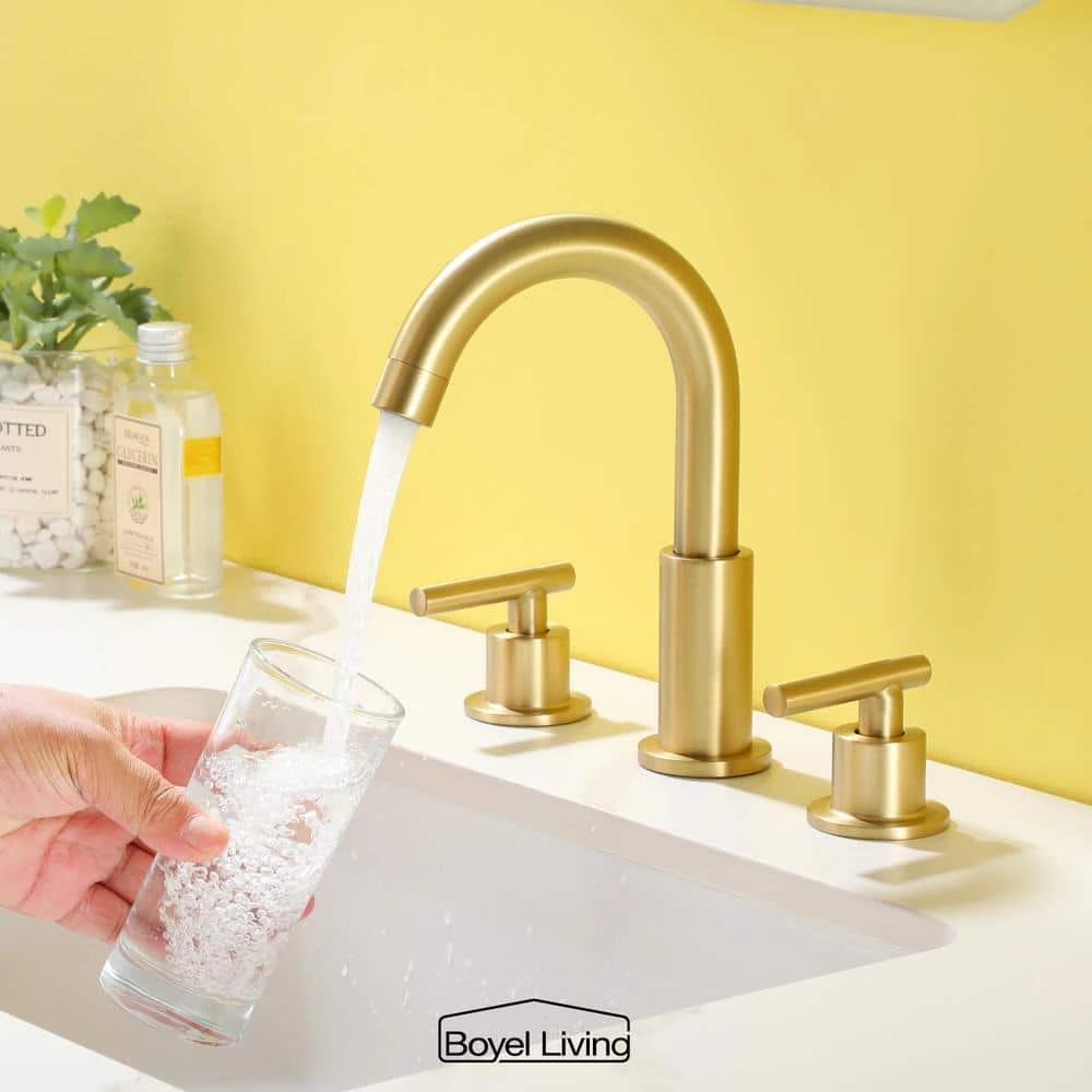 Boyel Living 8 in. Widespread 2-Handle Mid-Arc Bathroom Faucet with Valve and cUPC Water Supply Lines in Brushed Gold 2 Boyel Living 8 in. Widespread 2-Handle Mid-Arc Bathroom Faucet with Valve and cUPC Water Supply Lines in Brushed Gold - Image 2