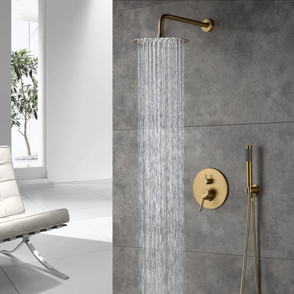 CASAINC 1-Spray Patterns Round 2-Function 10 in. Wall Mount Dual Shower Heads with Handheld in Brushed Gold 2 CASAINC 1-Spray Patterns Round 2-Function 10 in. Wall Mount Dual Shower Heads with Handheld in Brushed Gold - Image 2