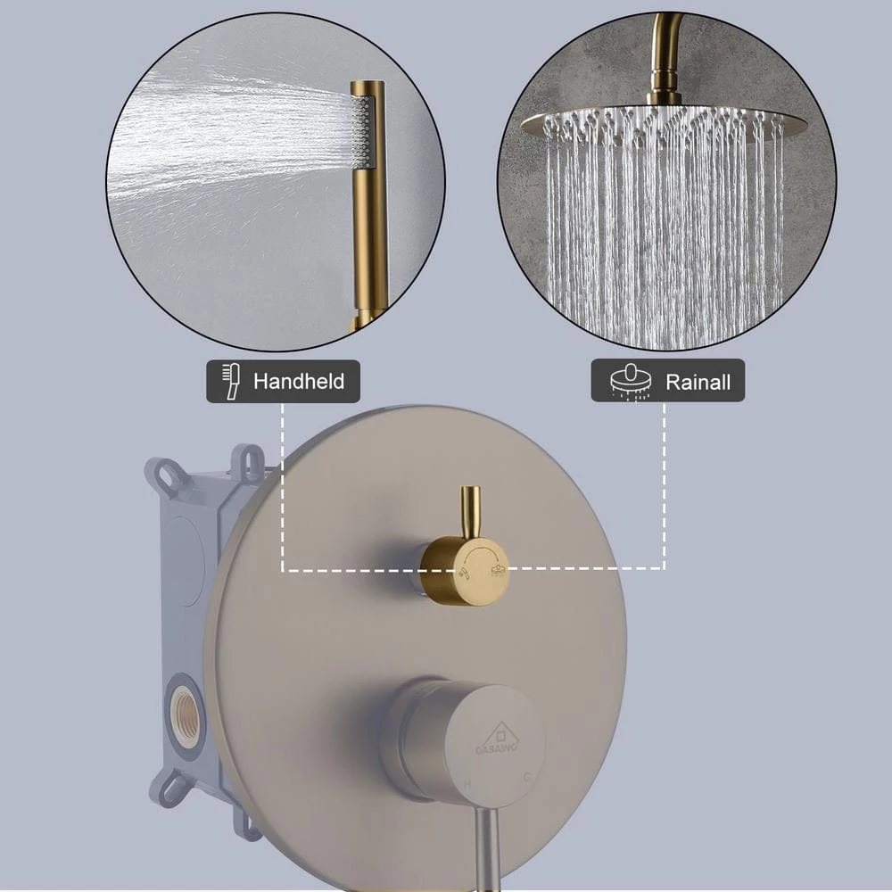 CASAINC 1-Spray Patterns Round 2-Function 10 in. Wall Mount Dual Shower Heads with Handheld in Brushed Gold 7 CASAINC 1-Spray Patterns Round 2-Function 10 in. Wall Mount Dual Shower Heads with Handheld in Brushed Gold - Image 7