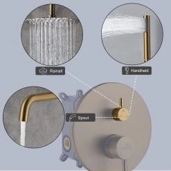 CASAINC 1-Spray Patterns Round 10 in. Wall Mount Dual Shower Heads with Handheld and Tub Faucet in Brushed Gold -Bathroom Faucets Store brushed gold casainc dual shower heads m6612 a 10 bg fa 1000