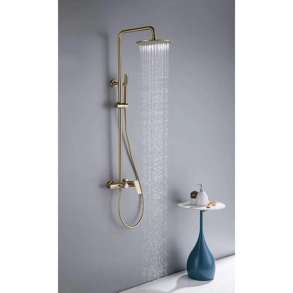 IHOMEadore 1-Spray Patterns with 1.8 GPM 10 in. Wall Mount Dual Shower Heads with Handheld Shower Head Set in Brushed Gold 2 IHOMEadore 1-Spray Patterns with 1.8 GPM 10 in. Wall Mount Dual Shower Heads with Handheld Shower Head Set in Brushed Gold - Image 2