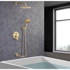 Rainlex 10 in. Shower Head Single-Handle 3-Spray Round High Pressure Shower Faucet with Tub Spout in Gold (Valve Included) -Bathroom Faucets Store brushed gold rainlex shower faucets rx96203lsj 10 31 1000