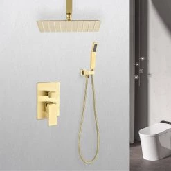 Utopia 4niture Xyriel Single Handle 1-Spray Ceiling Mounted Shower System Combo Set with Handheld and 12 in. Shower head, Brushed Gold -Bathroom Faucets Store brushed gold shower faucets hath6006 12bg 40 1000