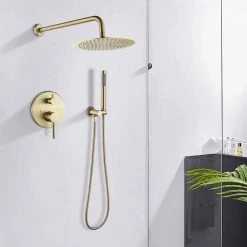 Tahanbath 1-Handle 2-Spray Rain Shower Faucet and Hand Shower Combo Kit in Brushed Gold (Valve Included) -Bathroom Faucets Store brushed gold tahanbath shower faucets nk0712 zq 66 1000