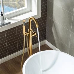 WOODBRIDGE Florence Single-Handle Freestanding Tub Faucet with Hand Shower in Brushed Gold -Bathroom Faucets Store brushed gold woodbridge claw foot tub faucets f1023 40 1000