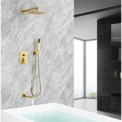 Rainlex 10 in. Shower Head 2-Handle 1-Spray Square High Pressure Shower Faucet with Tub Spout in Gold Color (Valve Included) -Bathroom Faucets Store brushed golden rainlex shower faucets rx93103lsj 10 31 1000