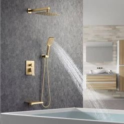 Rainlex Waterfall Spout Single-Handle 3-Spray Square High Pressure Tub and Shower Faucet in Brsuhed Gold (Valve Included) -Bathroom Faucets Store brushed golden rainlex shower faucets w97203lsj 12 31 1000