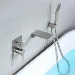 Aurora Decor Aca Single-Handle Wall Mount Roman Tub Faucet with Hand Shower in Brushed Nickel Ceramic Disc (Valve Included) -Bathroom Faucets Store brushed nickel aurora decor roman tub faucets ad 88020bn c3 1000