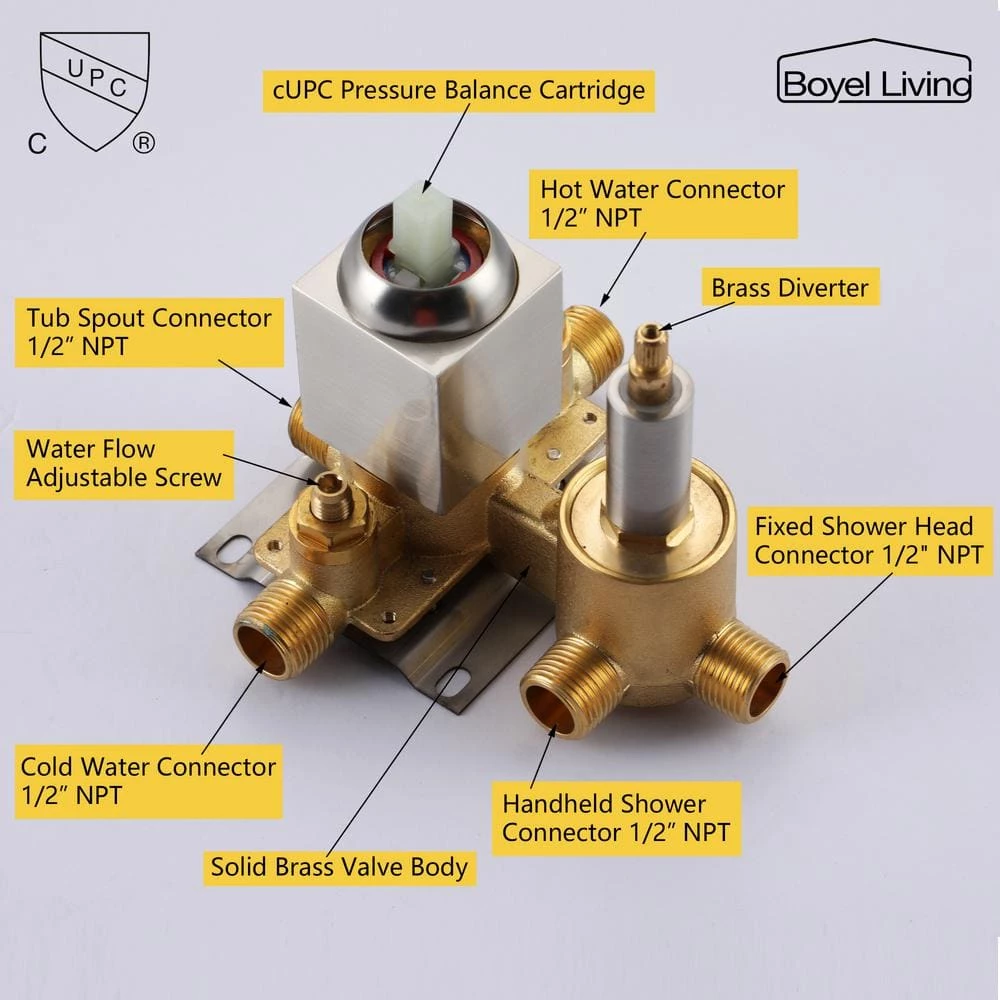 Boyel Living Shower System Wall Mounted with 12 in. Square Rainfall Shower head and Handheld Shower Head Set, Brushed Nickel 7 Boyel Living Shower System Wall Mounted with 12 in. Square Rainfall Shower head and Handheld Shower Head Set, Brushed Nickel - Image 7