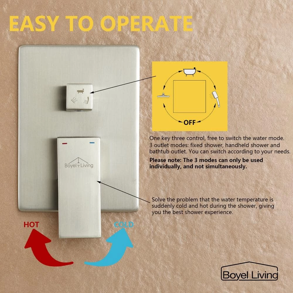 Boyel Living Shower System Wall Mounted with 12 in. Square Rainfall Shower head and Handheld Shower Head Set, Brushed Nickel 8 Boyel Living Shower System Wall Mounted with 12 in. Square Rainfall Shower head and Handheld Shower Head Set, Brushed Nickel - Image 8