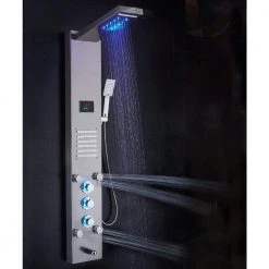 ELLO&ALLO 53 in. 10-Jet Shower Panel System in Brushed Nickel with LED Rainfall Waterfall Shower Head Hand shower and Tub Spout -Bathroom Faucets Store brushed nickel ello allo shower towers 8035 f1 04 14 02 s04 c3 1000