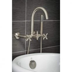 PELHAM & WHITE Modern 3-Handle Wall Mount Tub Faucet with Handshower and Hose, Cross Handles, in Brushed Nickel -Bathroom Faucets Store brushed nickel pelham white claw foot tub faucets pw82411 c bn 44 1000