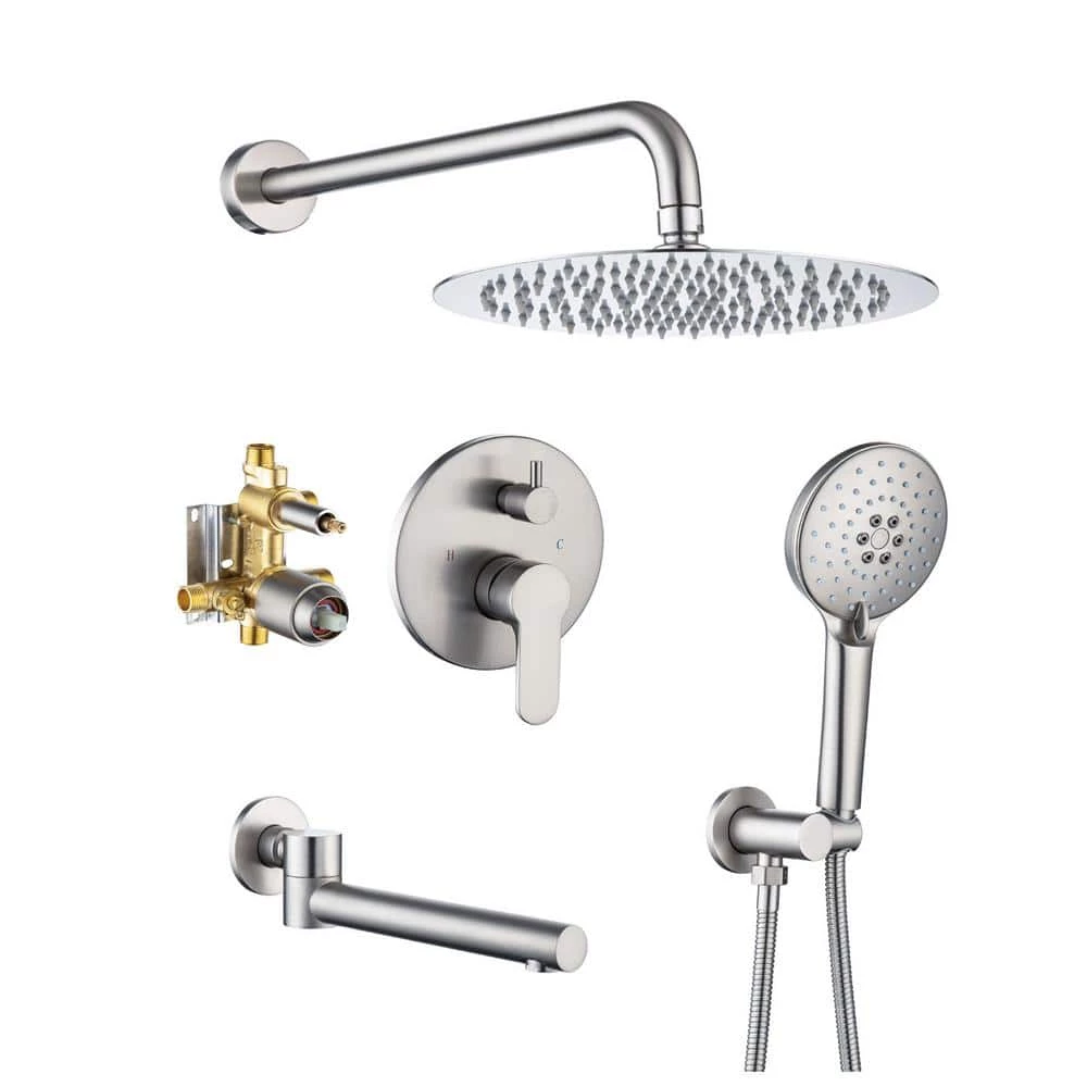 Rainlex 10 in.Shower Head Single-Handle 3-Spray Round High Pressure Shower Faucet, Tub Spout in Brushed Nickel (Valve Included) 1 Rainlex 10 in.Shower Head Single-Handle 3-Spray Round High Pressure Shower Faucet, Tub Spout in Brushed Nickel (Valve Included)