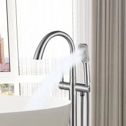 Satico Modern Single-Handle Floor-Mount Freestanding Tub Faucet Filler with Hand Shower in Brushed Nickel -Bathroom Faucets Store brushed nickel satico claw foot tub faucets xf3001l 1f 1000