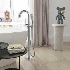 Satico Modern Single-Handle Floor-Mount Freestanding Tub Faucet Filler with Hand Shower in Brushed Nickel -Bathroom Faucets Store brushed nickel satico claw foot tub faucets xf3001l 44 1000