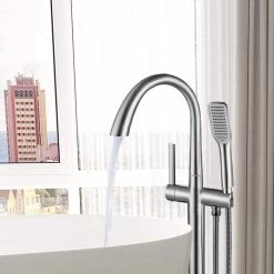 Satico Modern Single-Handle Floor-Mount Freestanding Tub Faucet Filler with Hand Shower in Brushed Nickel -Bathroom Faucets Store brushed nickel satico claw foot tub faucets xf3001l 4f 1000