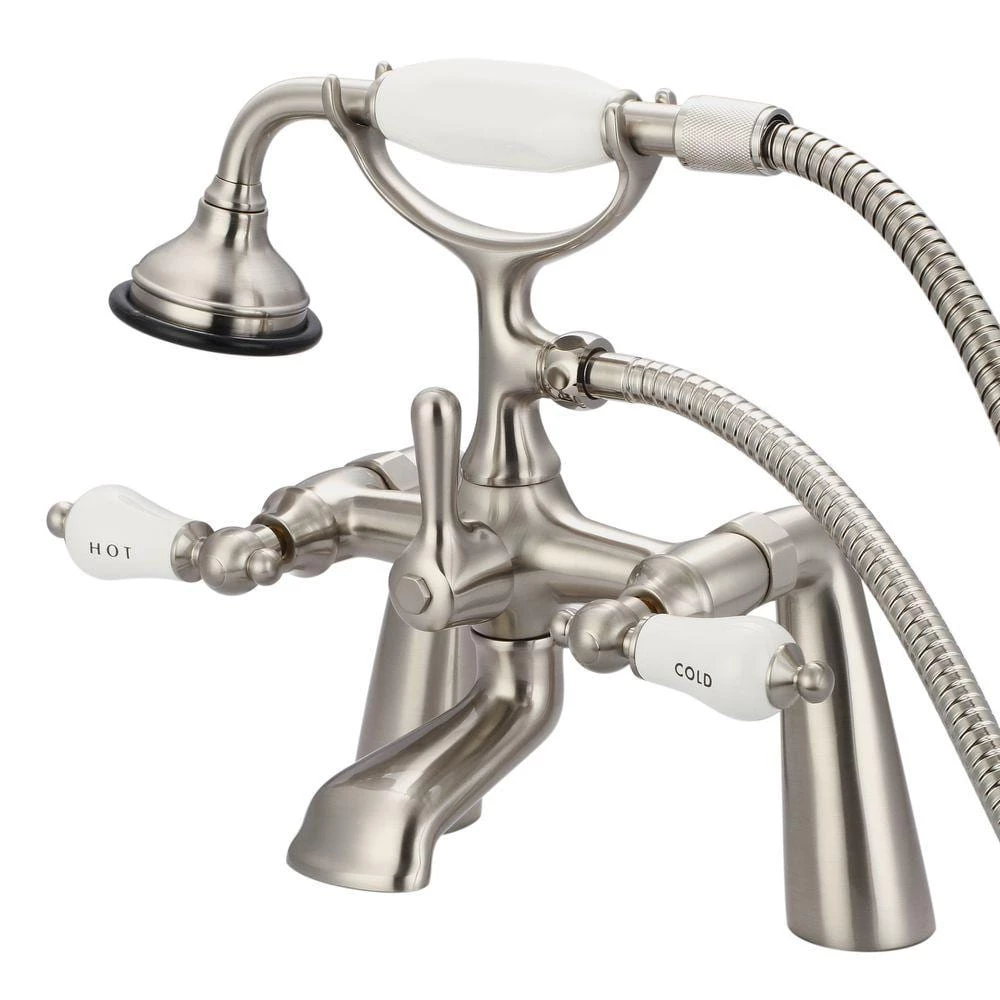 Water Creation 3-Handle Claw Foot Tub Faucet with Labeled Porcelain Lever Handles and Handshower in Brushed Nickel 1 Water Creation 3-Handle Claw Foot Tub Faucet with Labeled Porcelain Lever Handles and Handshower in Brushed Nickel