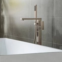 WOODBRIDGE Princeton Single-Handle Freestanding Floor Mount Tub Filler Faucet with Square Hand Held Shower in Brushed Nickel -Bathroom Faucets Store brushed nickel woodbridge claw foot tub faucets f0003bn 44 1000