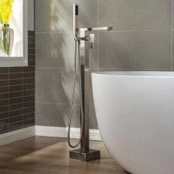 WOODBRIDGE Princeton Single-Handle Freestanding Floor Mount Tub Filler Faucet with Square Hand Held Shower in Brushed Nickel -Bathroom Faucets Store brushed nickel woodbridge claw foot tub faucets f0003bn 77 1000