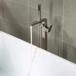 WOODBRIDGE Princeton Single-Handle Freestanding Floor Mount Tub Filler Faucet with Square Hand Held Shower in Brushed Nickel -Bathroom Faucets Store brushed nickel woodbridge claw foot tub faucets f0003bn fa 1000