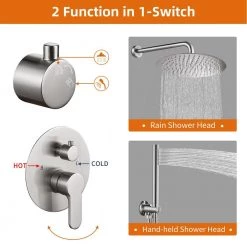 Zalerock Rainfall 1-Spray Round 12 in. Shower System with Hand Shower in Brushed Nickel -Bathroom Faucets Store brushed nickel zalerock shower faucets ksa042 c3 1000