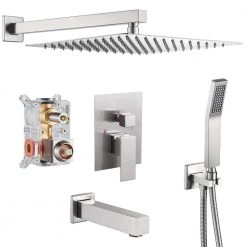 Zalerock Rainfall 1-Spray Square 12 in. Tub and Shower Faucet with Hand Shower in Brushed Nickel (Valve Included)