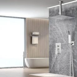 Zalerock Rainfall 1-Spray Square Ceiling Mount Shower System Shower Head with Handheld in Brushed Nickel (Valve Included) -Bathroom Faucets Store brushed nickel zalerock wall bar shower kits ksa032 fa 1000