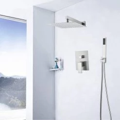 AKDY Square, wall-mounted fixed rain shower faucet, handheld shower combo, in Brushed Stainless Steel. -Bathroom Faucets Store brushed stainless steel akdy shower faucets sf001 2 4f 1000