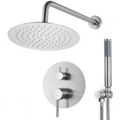 AKDY Round, wall-mounted adjustable rain shower faucet, handheld shower combo, in Brushed Stainless Steel.