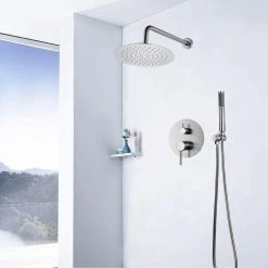 AKDY Round, wall-mounted adjustable rain shower faucet, handheld shower combo, in Brushed Stainless Steel. -Bathroom Faucets Store brushed stainless steel akdy shower faucets sf002 2 66 1000