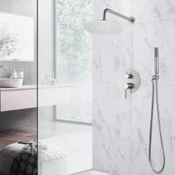 AKDY Round, wall-mounted adjustable rain shower faucet, handheld shower combo, in Brushed Stainless Steel. -Bathroom Faucets Store brushed stainless steel akdy shower faucets sf002 2 a0 1000
