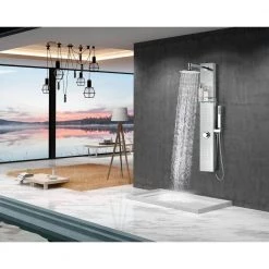 ANZZI Coastal Series 44 in. Full Body Shower Panel System with Heavy Rain Shower and Spray Wand in Brushed Steel -Bathroom Faucets Store brushed steel anzzi shower towers sp az075 31 1000