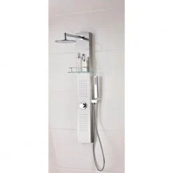 ANZZI Coastal Series 44 in. Full Body Shower Panel System with Heavy Rain Shower and Spray Wand in Brushed Steel -Bathroom Faucets Store brushed steel anzzi shower towers sp az075 4f 1000