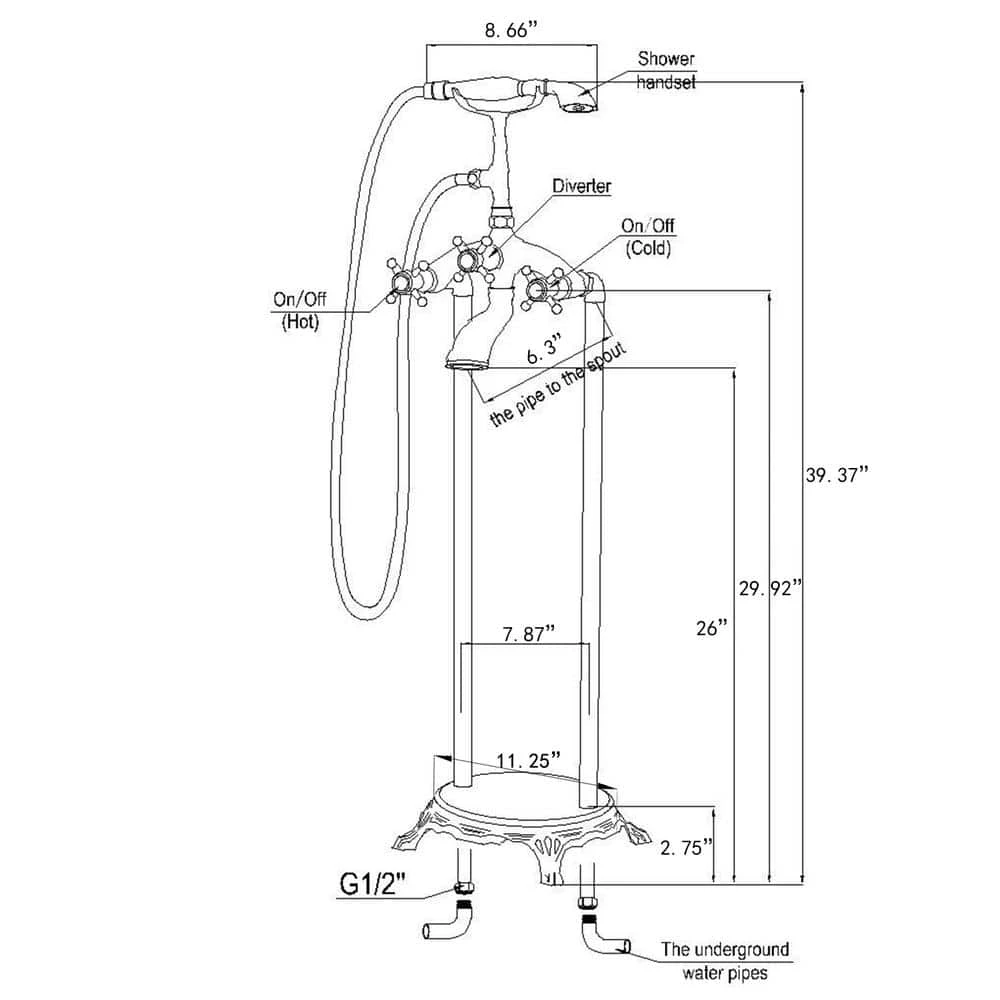 AKDY 3-Handle Freestanding Floor Mount Claw Foot Tub Faucet Bathtub Filler with Telephone Hand Shower in Chrome 3 AKDY 3-Handle Freestanding Floor Mount Claw Foot Tub Faucet Bathtub Filler with Telephone Hand Shower in Chrome - Image 3